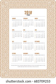 2018 Year Calendar design. Vector abstract ornamental ethnic frame. English, sunday start