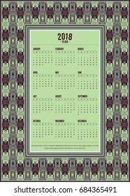 2018 Year Calendar design. Vector abstract ornamental ethnic frame. English, sunday start