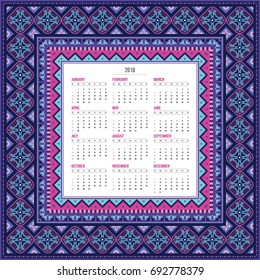 2018 Year Calendar design. Vector abstract ornamental ethnic frame. English, sunday start