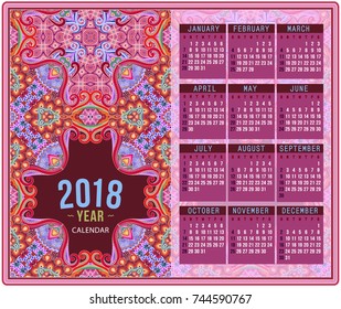 2018 Year Calendar design. Vector abstract ornamental ethnic motif. English, Sunday start