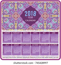 2018 Year Calendar design. Vector abstract ornamental ethnic motif. English, Sunday start
