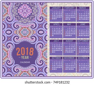 2018 Year Calendar design. Vector abstract ornamental ethnic motif. English, Sunday start