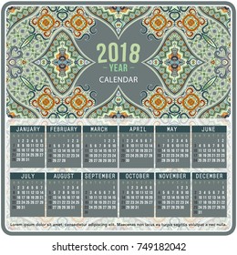 2018 Year Calendar design. Vector abstract ornamental ethnic motif. English, Sunday start