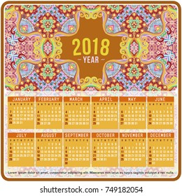 2018 Year Calendar design. Vector abstract ornamental ethnic motif. English, Sunday start