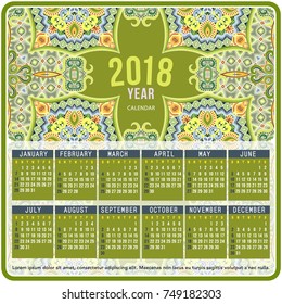 2018 Year Calendar design. Vector abstract ornamental ethnic motif. English, Sunday start