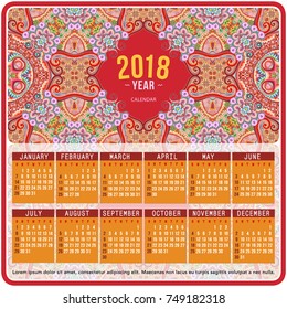 2018 Year Calendar design. Vector abstract ornamental ethnic motif. English, Sunday start
