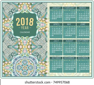 2018 Year Calendar design. Vector abstract ornamental ethnic motif. English, Sunday start