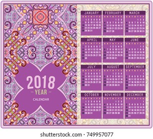2018 Year Calendar design. Vector abstract ornamental ethnic motif. English, Sunday start