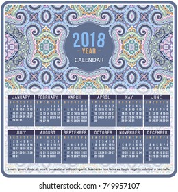 2018 Year Calendar design. Vector abstract ornamental ethnic motif. English, Sunday start