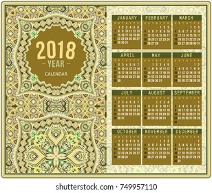 2018 Year Calendar design. Vector abstract ornamental ethnic motif. English, Sunday start