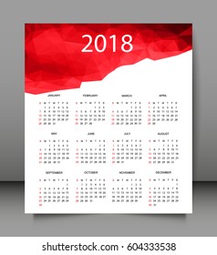 2018 year calendar design.Vector illustration.Week starts from Sunday.