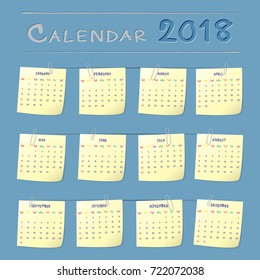 2018 Year Calendar Paper Note Vector Design template. Week starts from Sunday. Vector Illustration eps10
