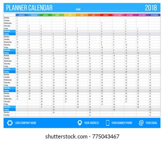 2018 year calendar planner english. 12 months, corporate design planner template, size A4 printable calendar templates.Blue color.