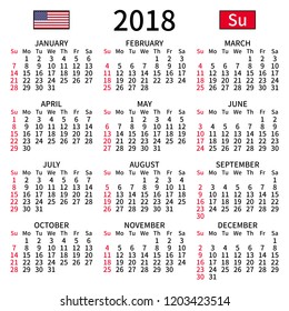 2018 year calendar. Simple, clear and big. English language. Week starts on Sunday. Sunday highlighted. No holidays. Vector illustration. EPS 8, no gradients, no transparency