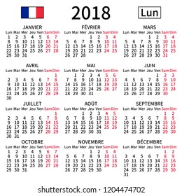 2018 year calendar. Simple, clear and big. French language. Week starts on Monday. Saturday and Sunday highlighted. No holidays. Vector illustration. EPS 8, no gradients, no transparency