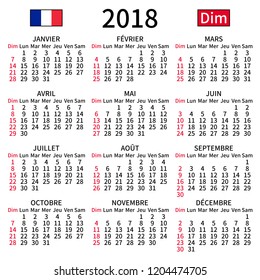 2018 year calendar. Simple, clear and big. French language. Week starts on Sunday. Sunday highlighted. No holidays. Vector illustration. EPS 8, no gradients, no transparency