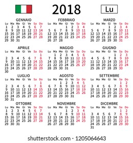 2018 year calendar. Simple, clear and big. Italian language. Week starts on Monday. Saturday and Sunday highlighted. No holidays. Vector illustration. EPS 8, no gradients, no transparency