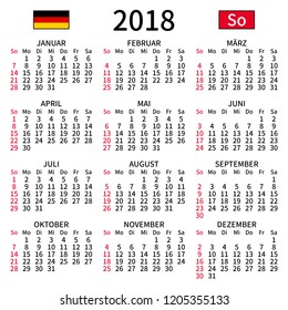 2018 year calendar. Simple, clear and big. German language. Week starts on Sunday. Sunday highlighted. No holidays. Vector illustration. EPS 8, no gradients, no transparency