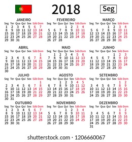 2018 year calendar. Simple, clear and big. Portuguese language. Week starts on Monday. Saturday and Sunday highlighted. No holidays. Vector illustration. EPS 8, no gradients, no transparency