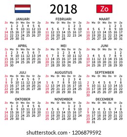 2018 year calendar. Simple, clear and big. Dutch language. Week starts on Sunday. Sunday highlighted. No holidays. Vector illustration. EPS 8, no gradients, no transparency