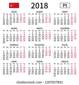 2018 year calendar. Simple, clear and big. Turkish language. Week starts on Monday. Saturday and Sunday highlighted. No holidays. Vector illustration. EPS 8, no gradients, no transparency