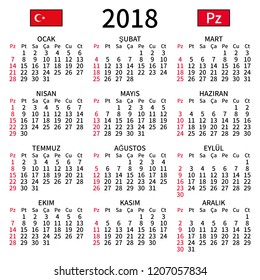 2018 year calendar. Simple, clear and big. Turkish language. Week starts on Sunday. Sunday highlighted. No holidays. Vector illustration. EPS 8, no gradients, no transparency