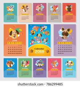 2018 year calendar with stylized dogs, vector illustration