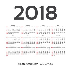 2018 year calendar template. Classical, minimalistic, simple design. White background. Vector Illustration. Week starts from sunday.