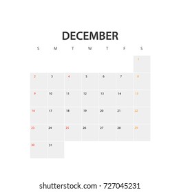 2018 year calendar template. December