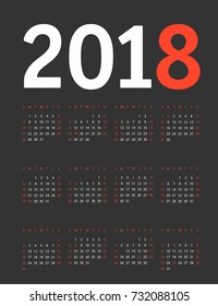 2018 year calendar template. Flat design template 