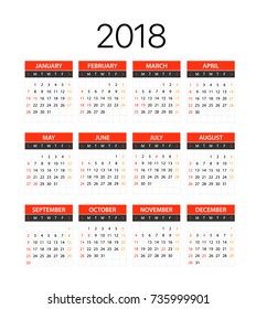 2018 year calendar template. Flat design template 
