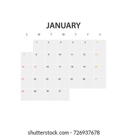 2018 year calendar template. January
