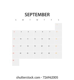 2018 year calendar template. September