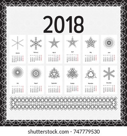 2018 year calendar template.Abstract, geometric, monochrome emblems. Black and white design. Vector monthly template. Week starts from monday