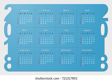 2018 Year Calendar Vector Design template. Week starts from Sunday. Vector Illustration eps10 