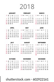 2018 year Calendar. Vertical book orientation vector template of pocket calendar grid. Black and white mock up calendar. Week Starts Sunday. Vector illustration. EPS 10