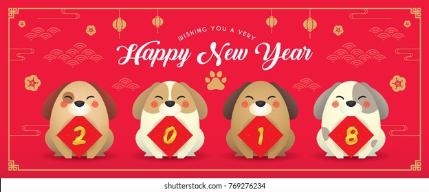 2018 year of the dog banner design. Cute cartoon dogs with couplet of 2018 and Chinese New Year design elements on red background.