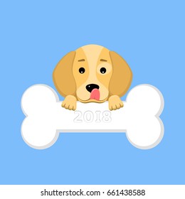 2018 year of the dog. The dog beagle keeps a bone in the mouth on a blue background. A place for your projects. A sweet animal. The dog licks himself. Vector illustration in a flat style. EPS 8