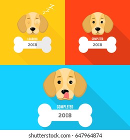 2018 year of the dog. A cartoon dog is waiting for the new year. The window is loaded in the form of a bone. A sweet dog is sleeping. Vector illustration in a flat style