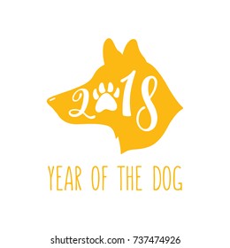 2018 - Year of the Dog. Chinese sign of zodiac. Hand drawn typography design. Calligraphy holiday inscription in shape of dog's head.