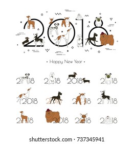 2018 - el año del perro al calendario oriental. Titular creativo y 12 logos con diferentes razas de perros. Minimalismo. Estilo de esbozo. Aislado sobre fondo blanco. Ilustración del vector