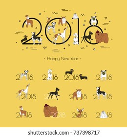 2018 - the year of the dog to the Eastern calendar. Creative headline and 12 logos with different breeds of dogs. Minimalism. Sketch style. Isolated on yellow background. Vector illustration