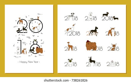 2018 - the year of the dog to the Eastern calendar. Creative headline and 12 logos with different breeds of dogs. Minimalism. Sketch style. Isolated on yellow background. Vector illustration