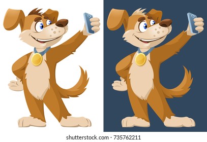 2018 year of the dog. Funny cartoon dog with a medal making selfie. Cartoon styled vector illustration. Elements is grouped. No transparent objects. On dark background and isolated on white.