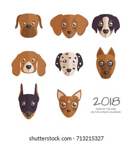 2018 Year of the dog on the chinese calendar vector illustration. Flat dog faces isolated on white background.