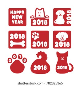 2018 - Year of the Dog. Red New Year Holiday Stickers. Contains Chinese dog characters. Vector illustration.