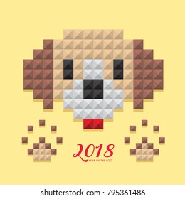 2018 year of the dog template design. 3D dog head with footprint in modern stylish vector geometrical style, isolated on yellow background.