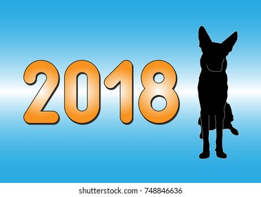 2018 year of dog vector illustration with orange numbers on blue background and doggy silhouette