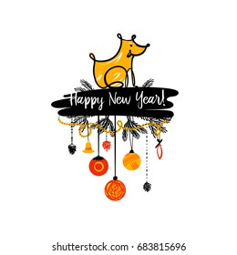 2018 year of earth dog. Sketch image of sitting dog and christmas tree branch on white background. 
