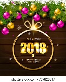 2018 year golden figures on a spruce branch. Vector illustration